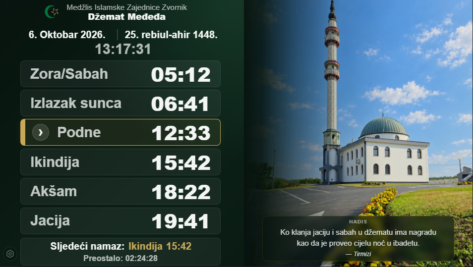 Digitalna vaktija Džemata Međeđa: vremena namaza, sat i odbrojavanje do ikindije.