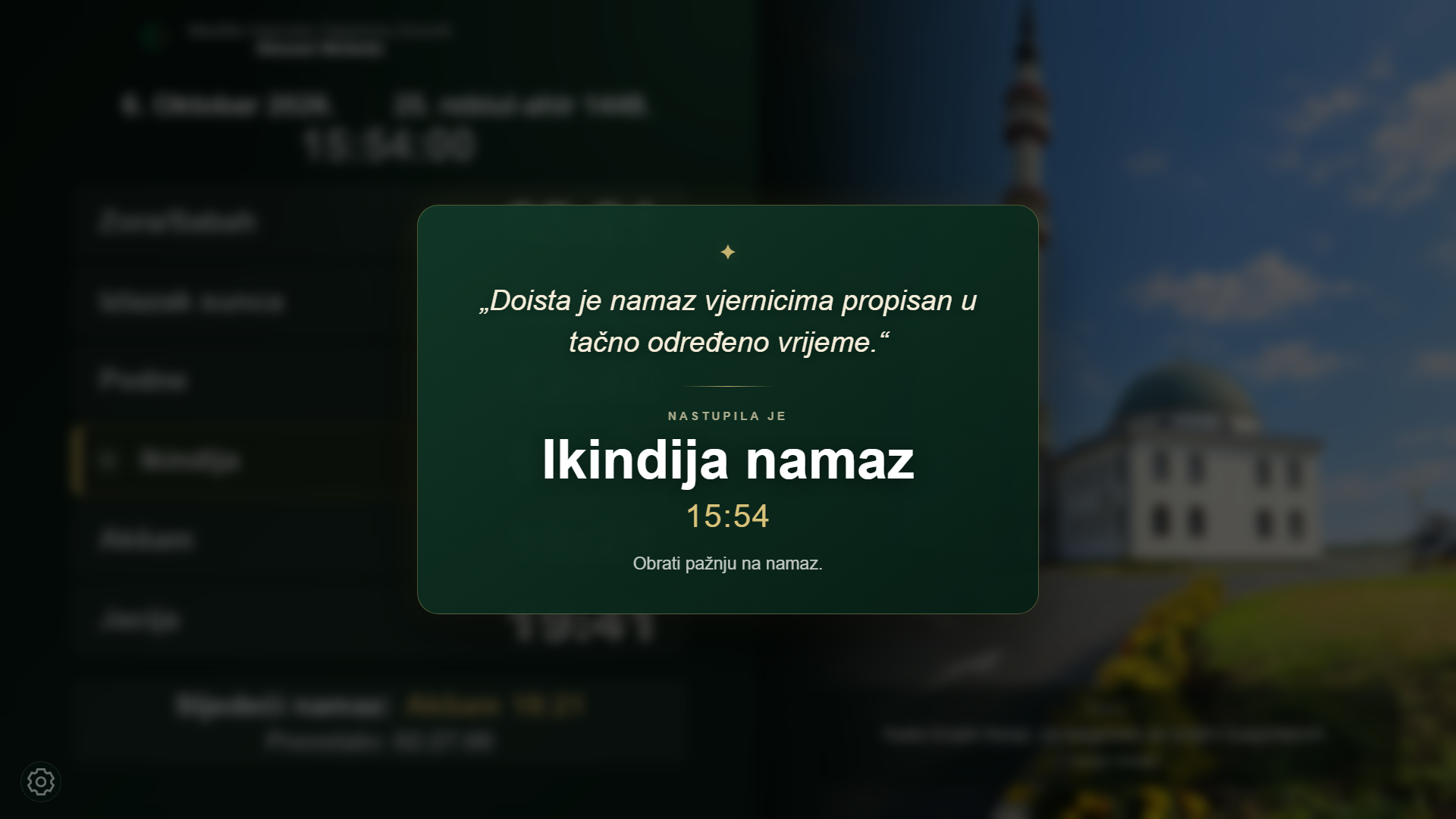 Primjer vizuelne obavijesti o nastupanju ikindije na ekranu digitalne vaktije.